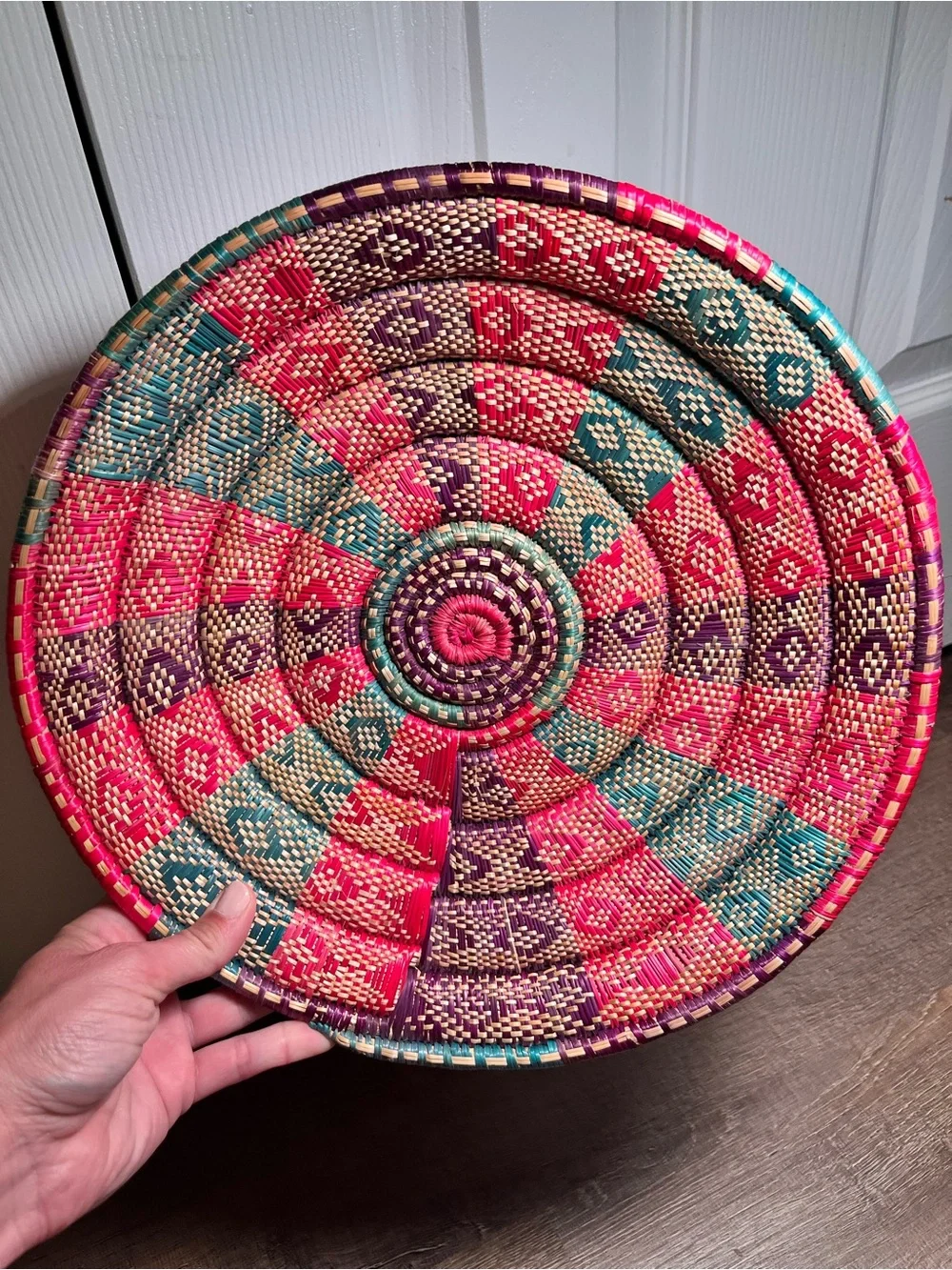 Woven raffia basket geometric pattern pink teal purple Ethiopian style 12”